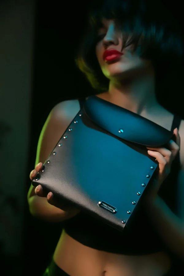 Studded Faux Leather Shoulder Bag with Flap Closure