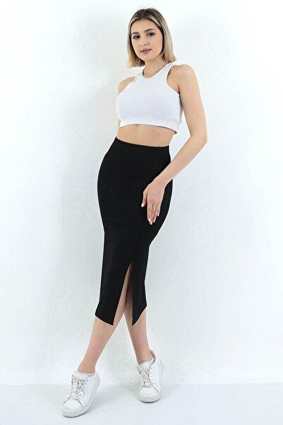Black High-Waist Midi Skirt with Side Slit Stretch Fabric