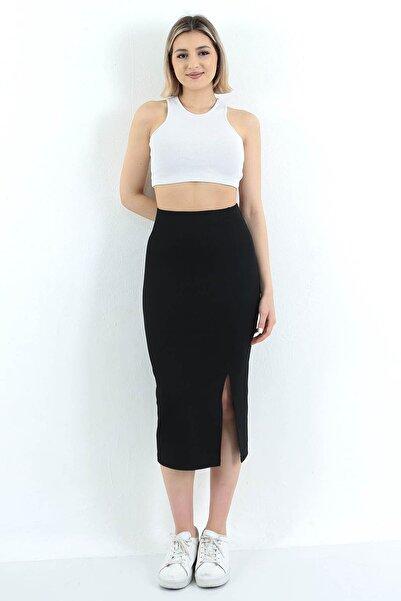 Black High-Waist Midi Skirt with Side Slit Stretch Fabric