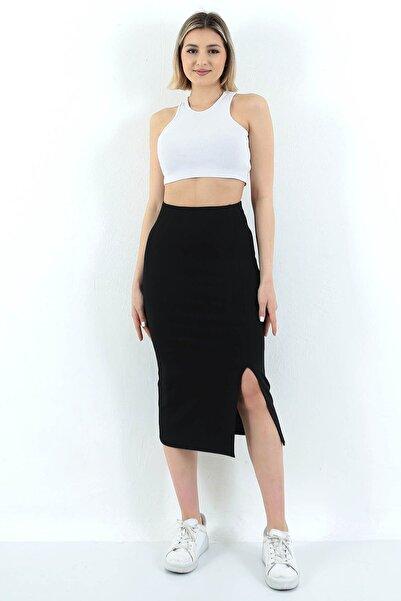 Black High-Waist Midi Skirt with Side Slit Stretch Fabric