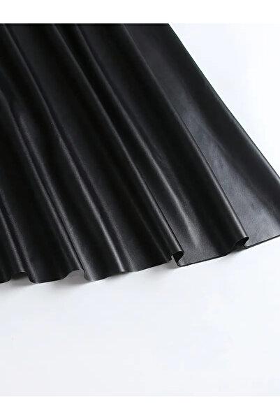 Black Faux Leather A-Line Midi Skirt with Front Zipper High Waisted