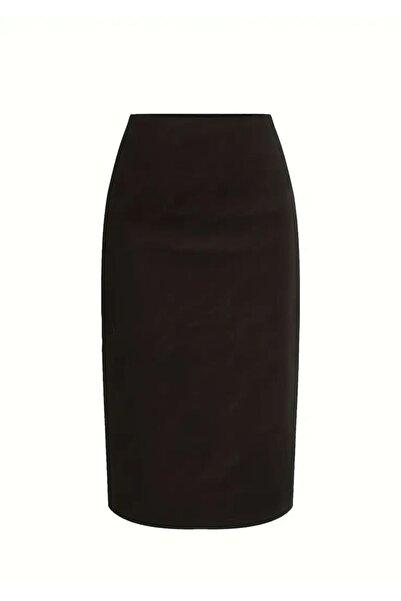 Black Faux Leather High-Waist Pencil Skirt with Side Slit