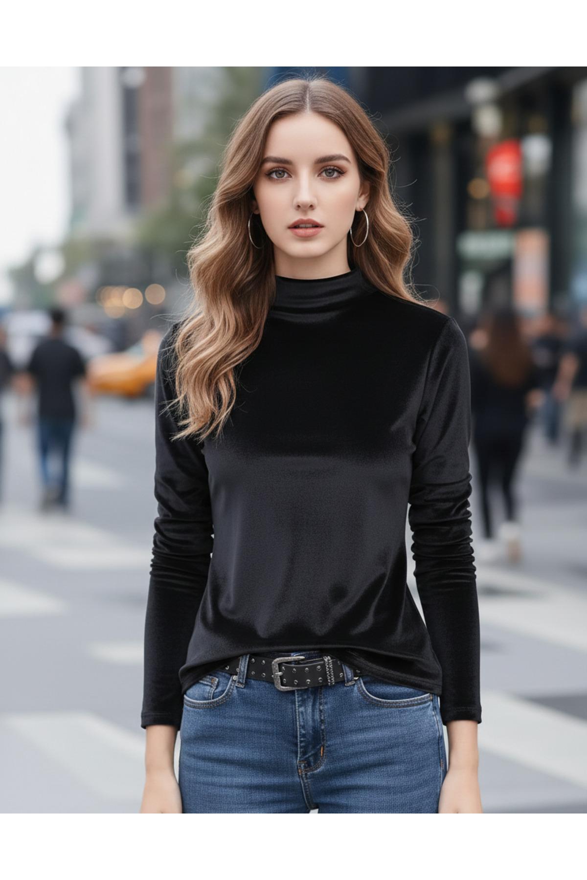 Siyah Kadife Balıkçı Yakalı Body Slim Fit Trend & Şık Tasarım