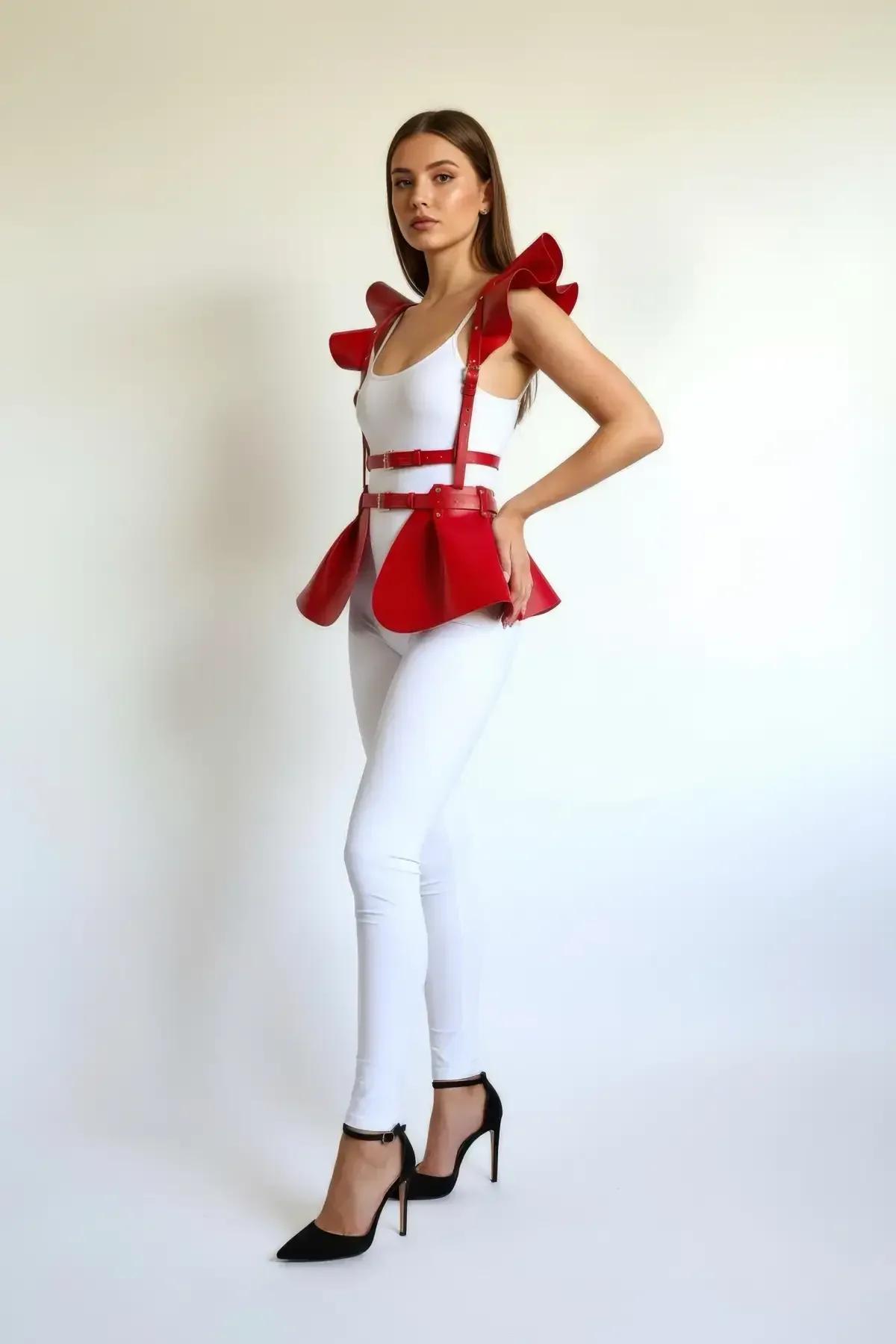 Ruffle Shoulder Peplum Harness Skirt Red Faux Leather