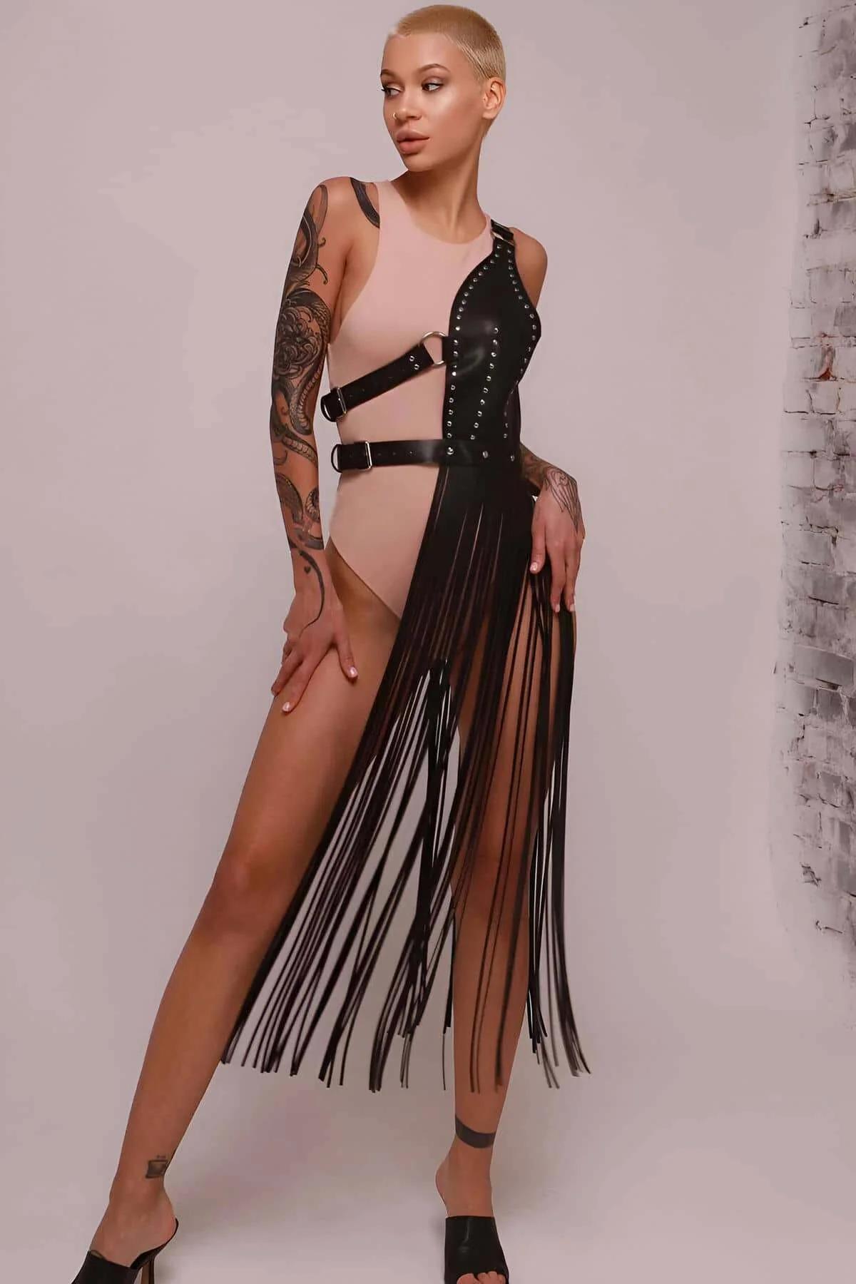 Asymmetrical Fringe Harness Skirt with Stud Details