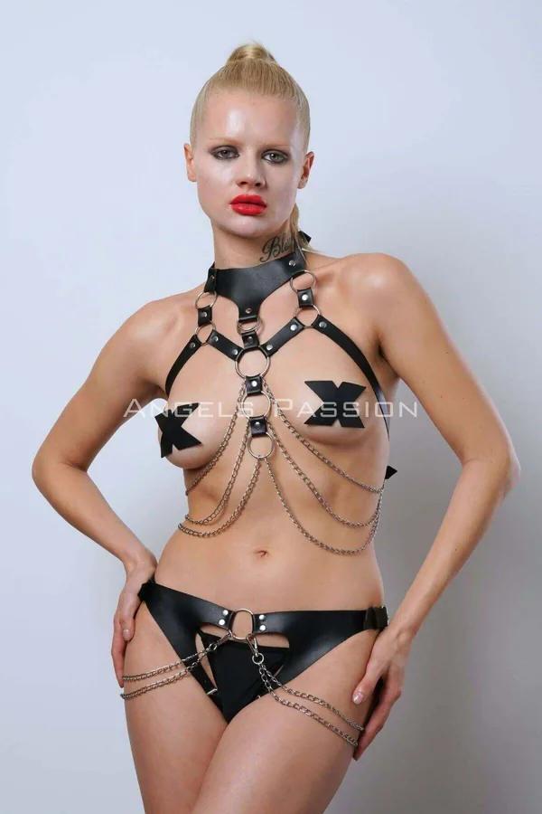 Faux Leather Harness Set with Choker & Chain Adornments