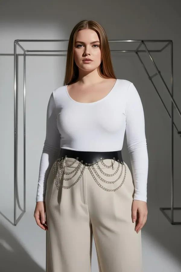 Wide Faux Leather Waist Belt with Draped Silver Chains