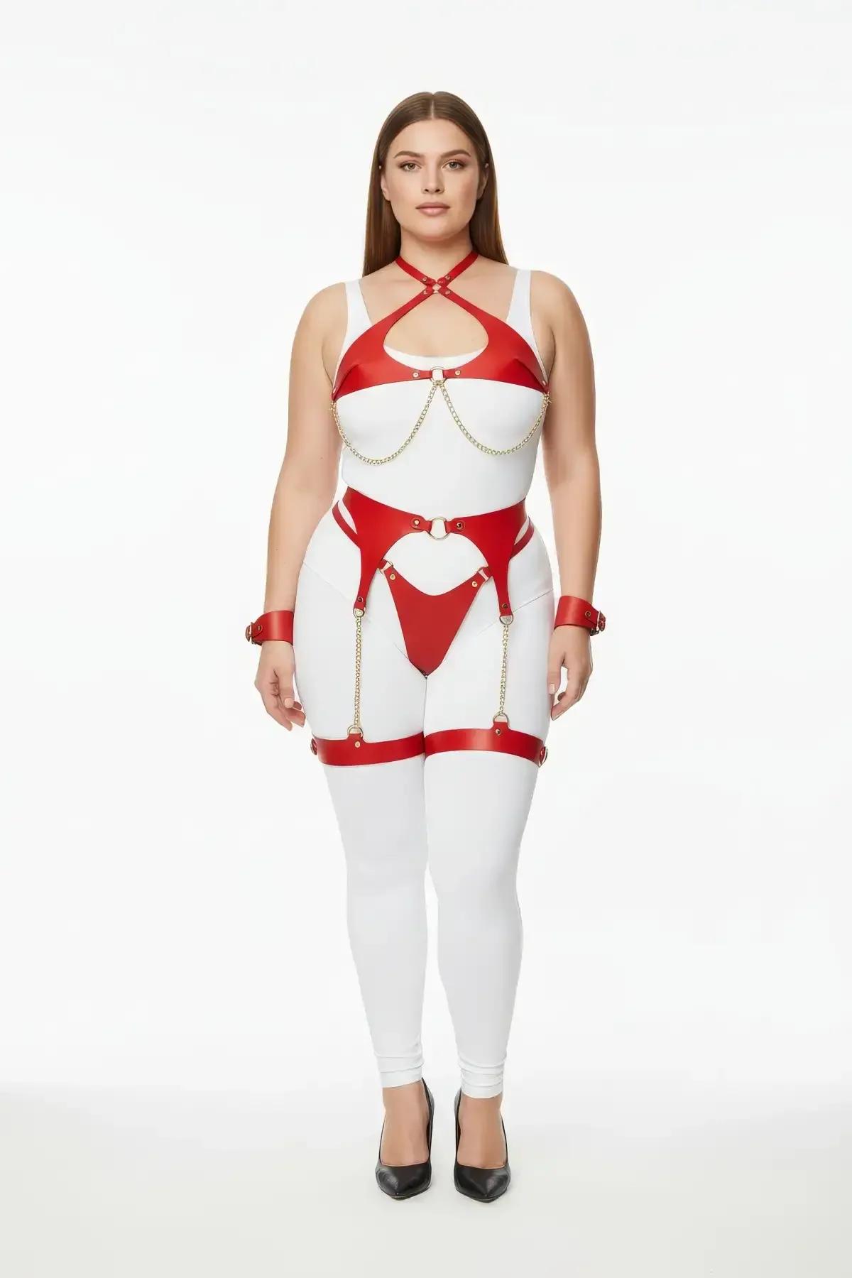 Red Faux Leather Harness Set with Chains & Garter Straps