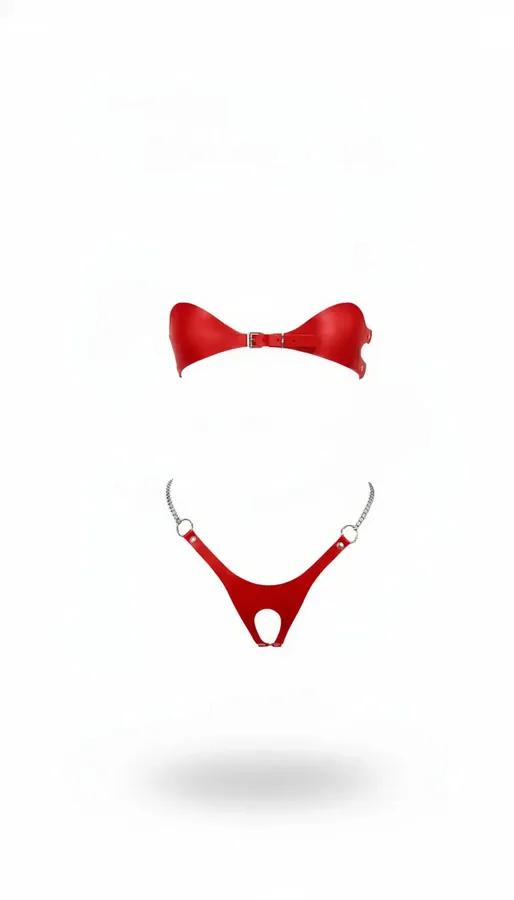 Red Faux Leather Bikini Harness Set with Chain Detail