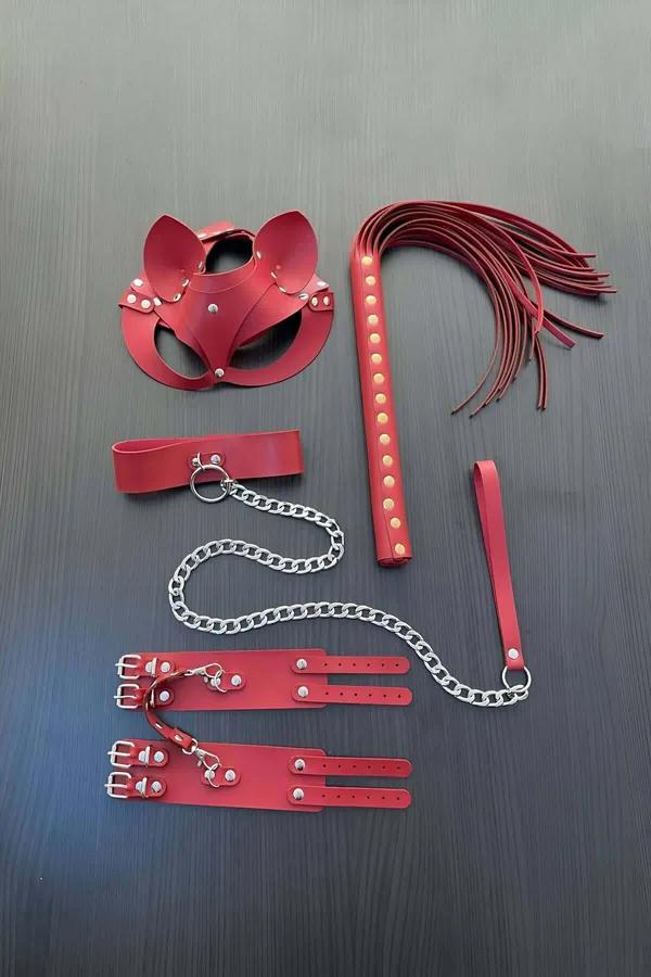 Red Faux Leather Fantasy Mask & Restraint Set