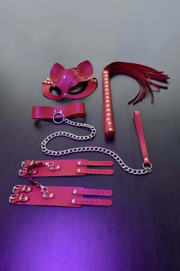 Red Faux Leather Fantasy Mask & Restraint Set