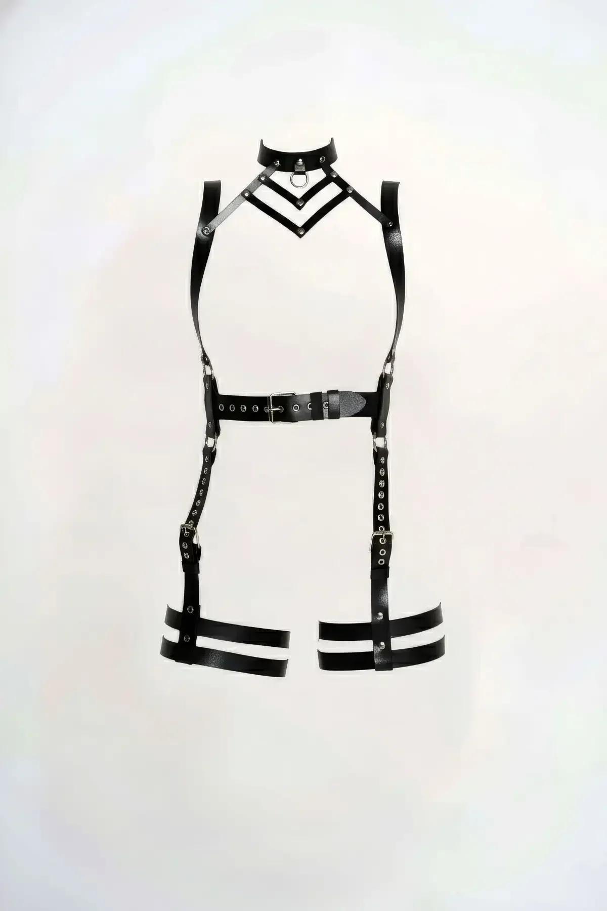 Faux Leather Body Harness with Choker and Double Thigh Garters