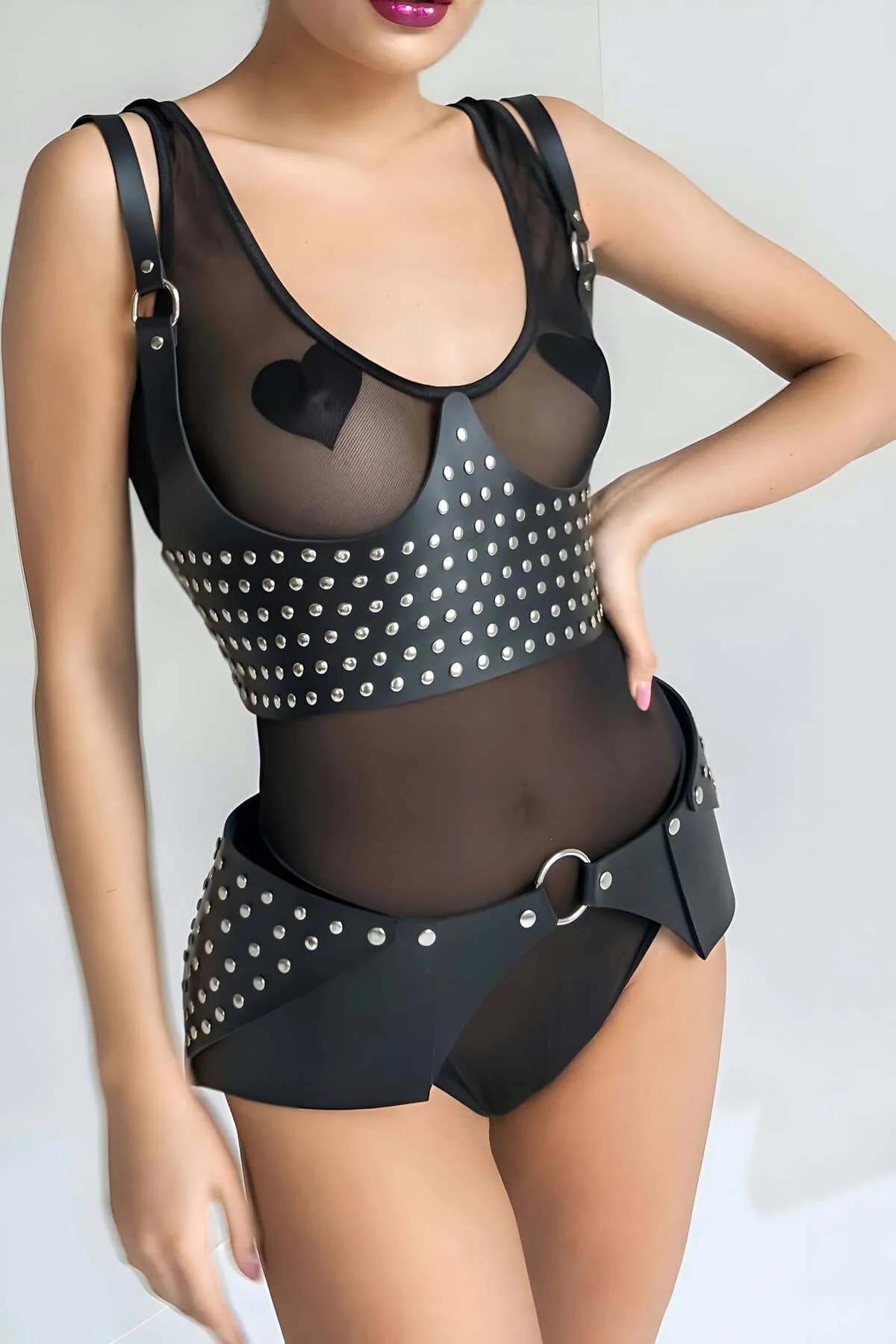 Studded Faux Leather Chest Harness and Skirt Belt Set