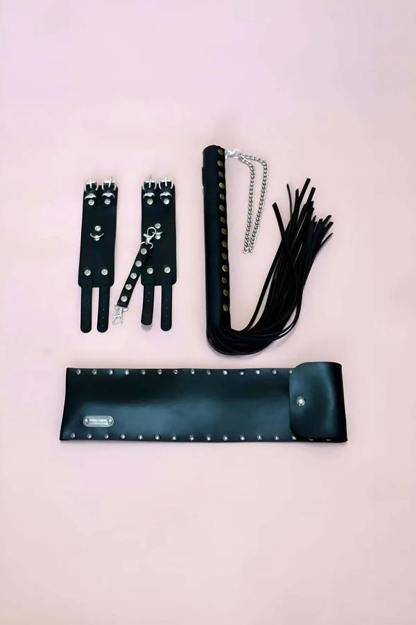 Faux Leather Handcuffs & Whip Set with Storage Case