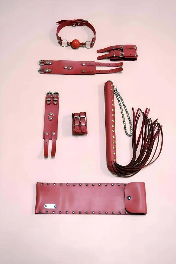 Red Faux Leather Restraint Set with Gag and Riding Crop