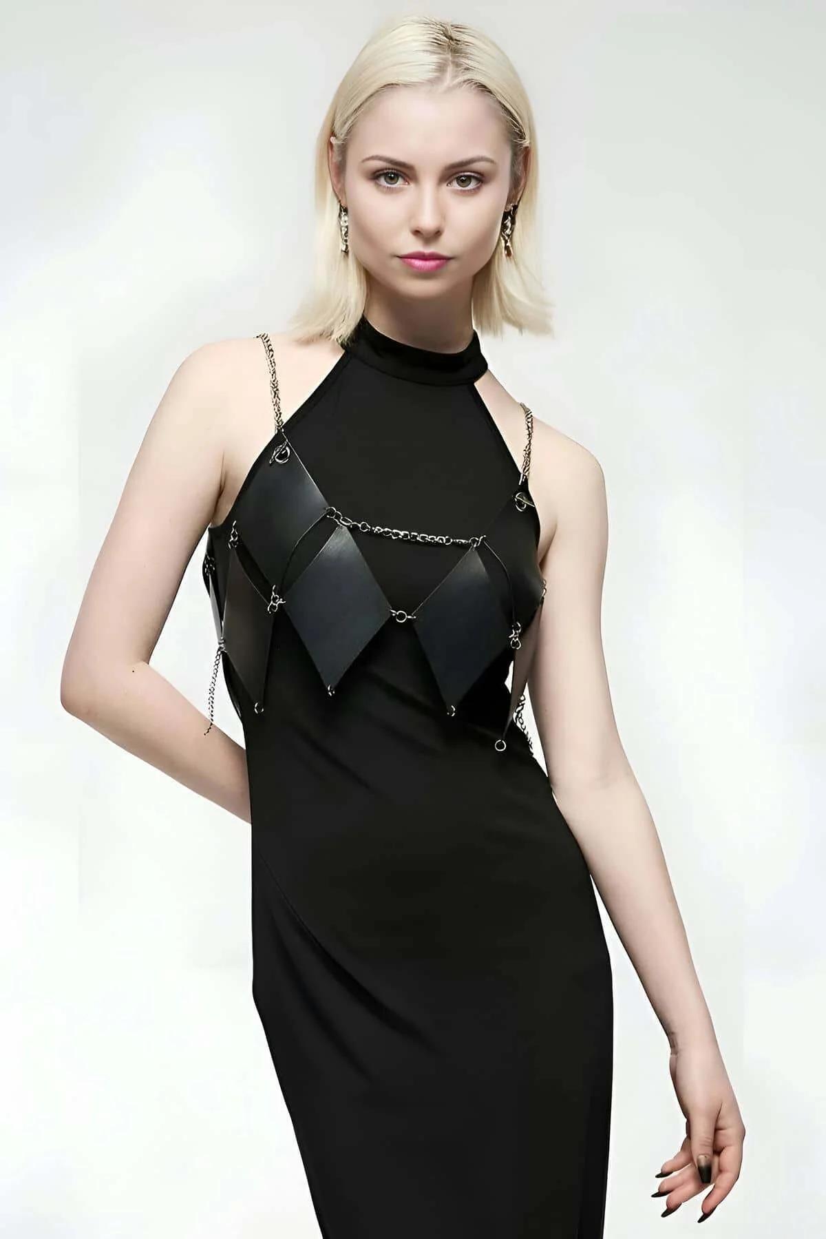 Diamond Quilted Body Harness with Chain Accents