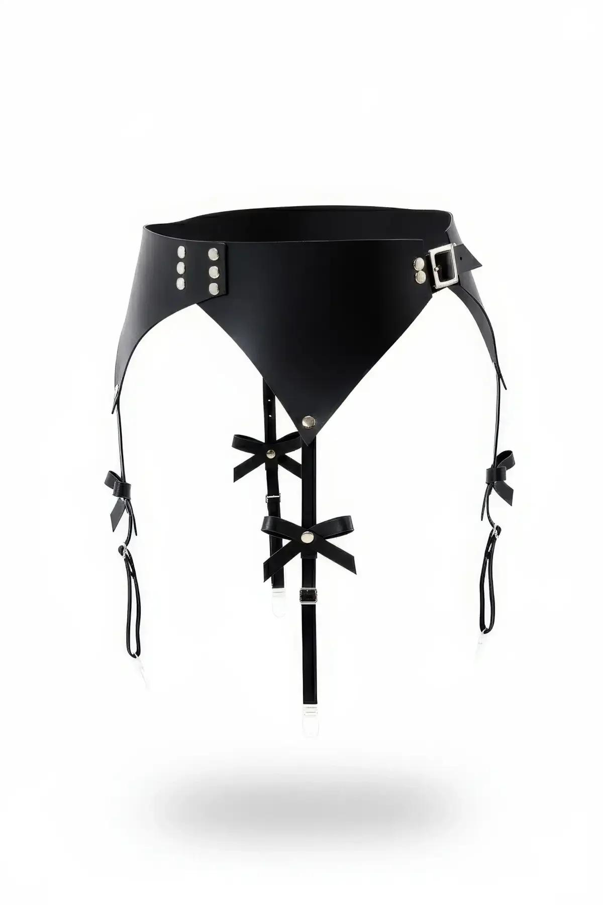 Wide Waist Garter Harness with Decorative Faux Leather Bows