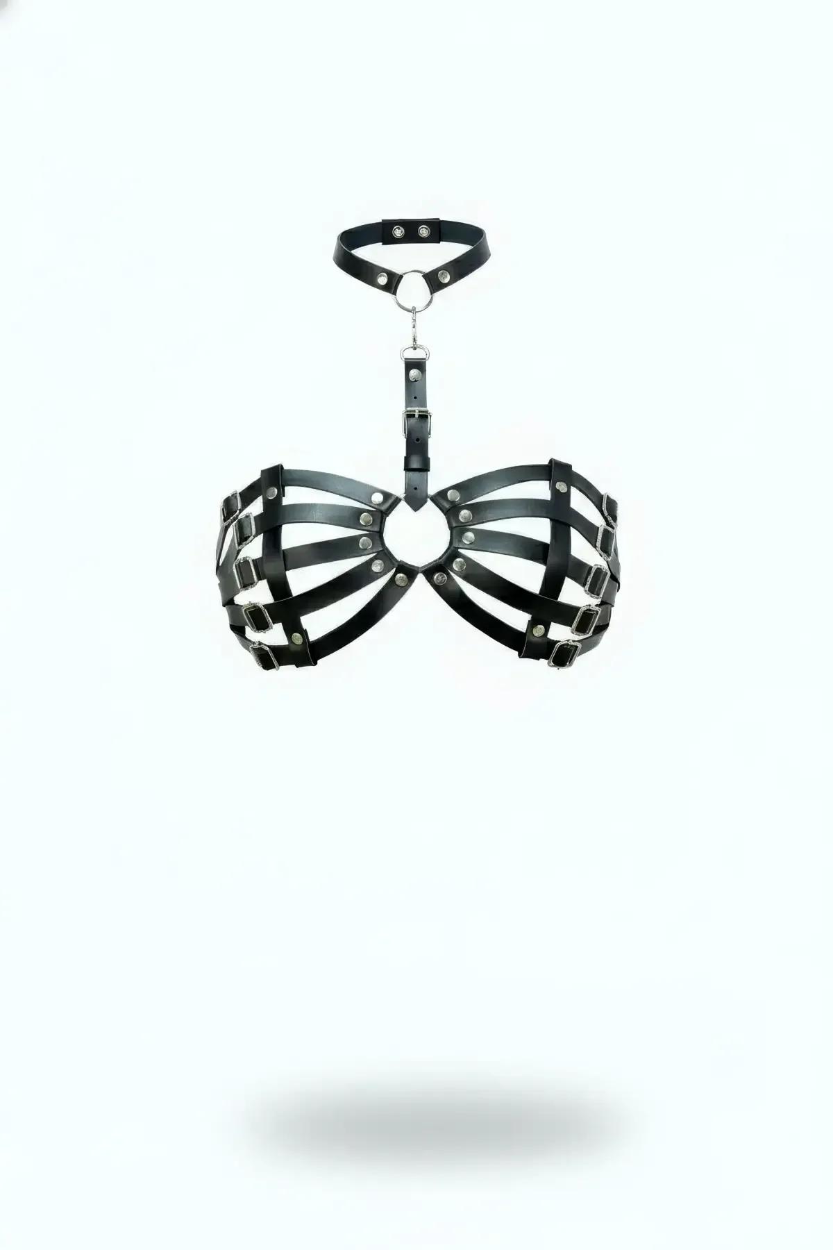 Black Faux Leather Cage Chest Harness with Choker