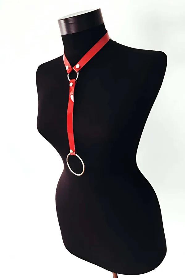 Red Patent Choker Harness with O-Ring Detail