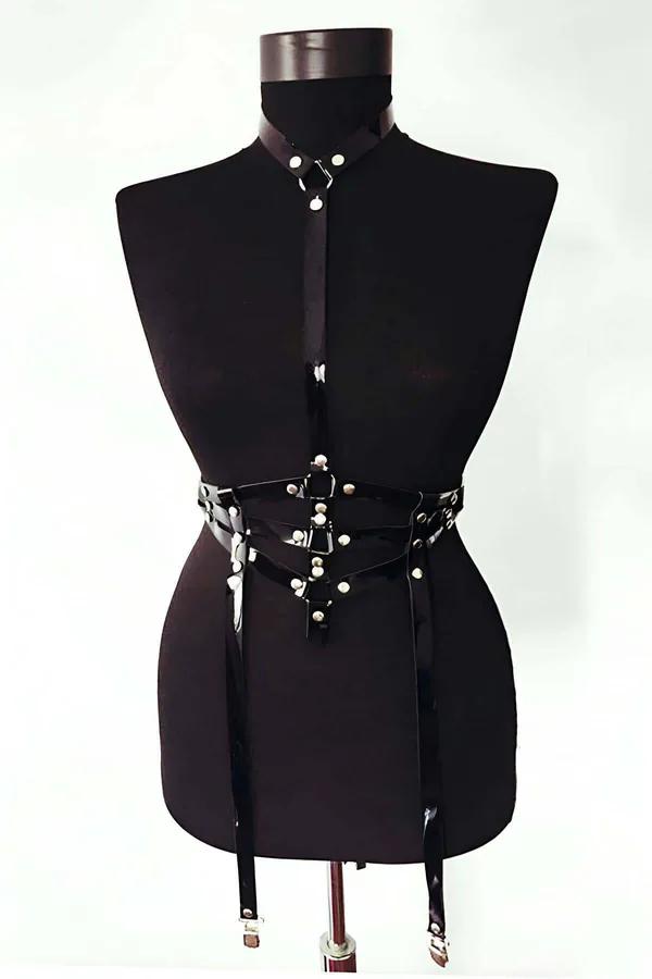 Glossy Faux Leather Body Harness with Garter Straps