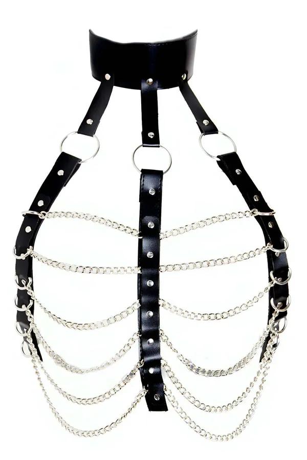 Faux Leather Chest Harness with Draping Silver Chains