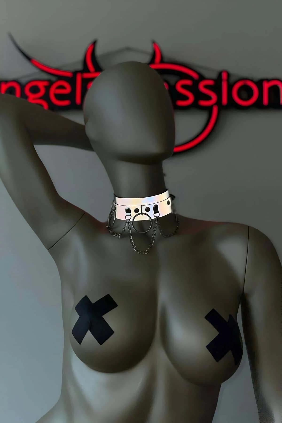 Reflective Choker Collar with O-Ring & Chain Accents