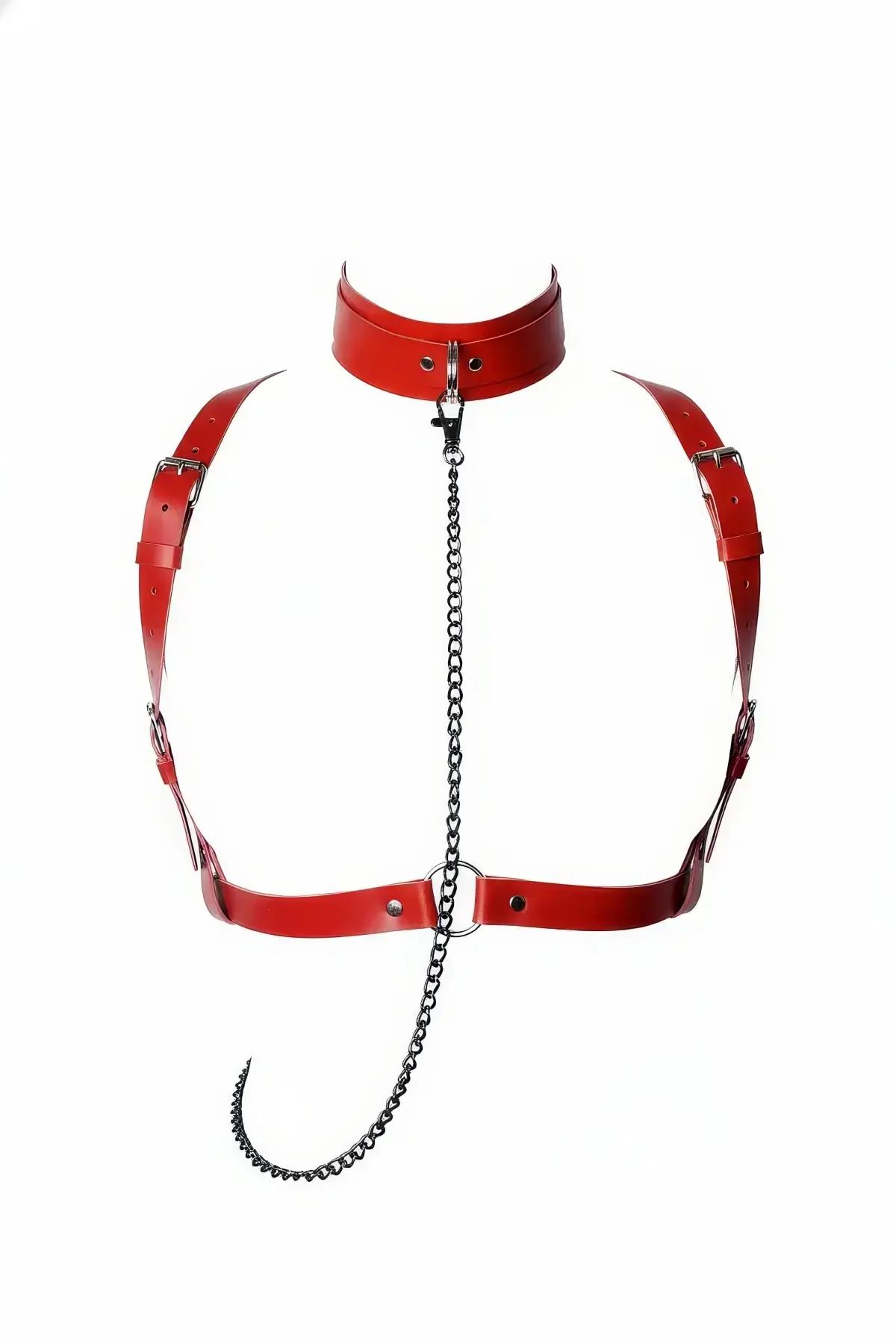 Red Faux Leather Harness with Choker & Detachable Chain