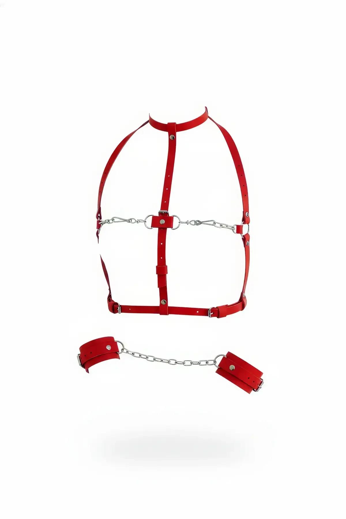 Red Faux Leather Body Harness with Detachable Cuffs