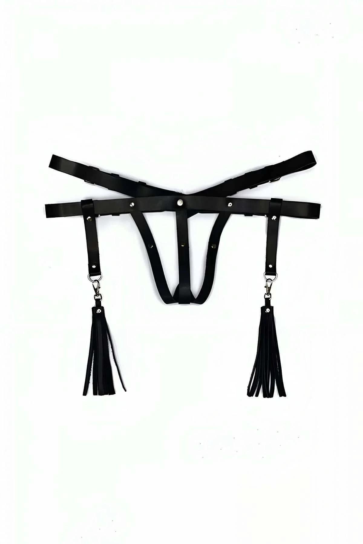 Faux Leather Thong Harness with Detachable Tassels