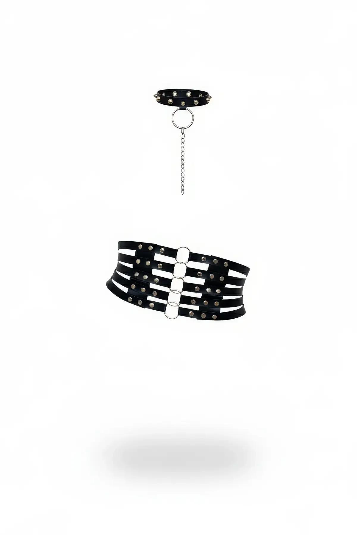 Studded Faux Leather Waspie Corset & Choker Set with Chain