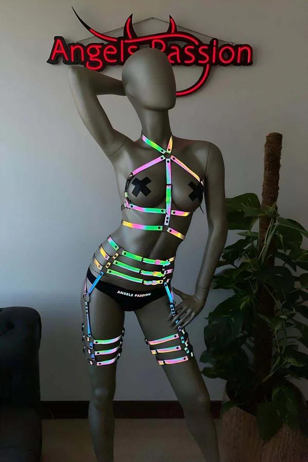 Holographic Reflective Full Body Harness with Thigh Straps