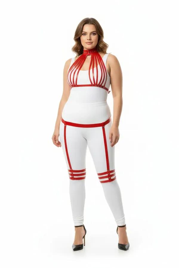 Red Faux Leather Multistrap Harness Set with Garters
