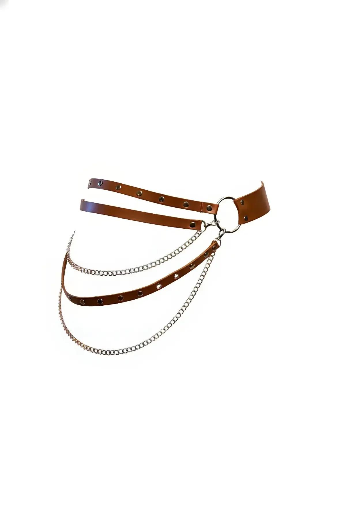 Layered Chain Waist Harness in Cognac Faux Leather
