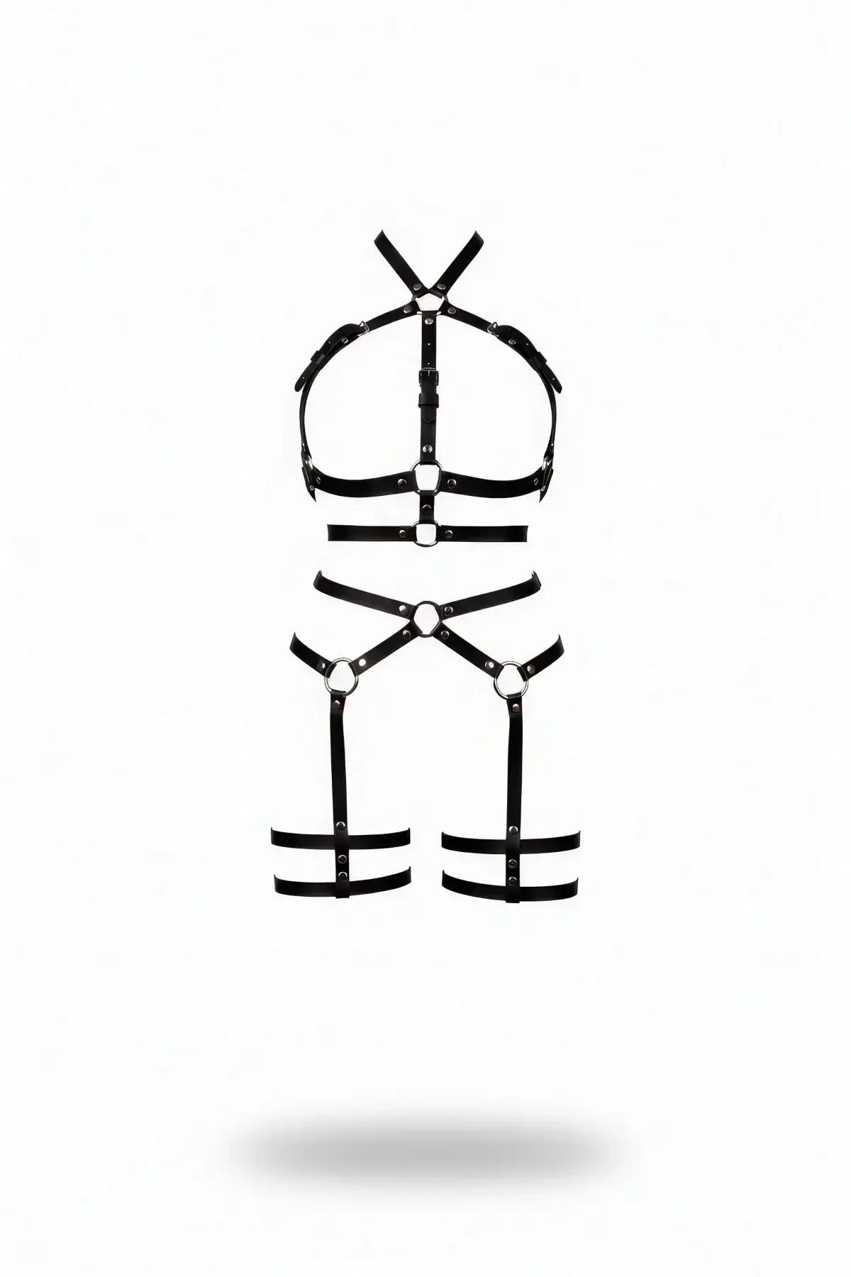 Black Faux Leather Full Body Harness with Thigh Straps