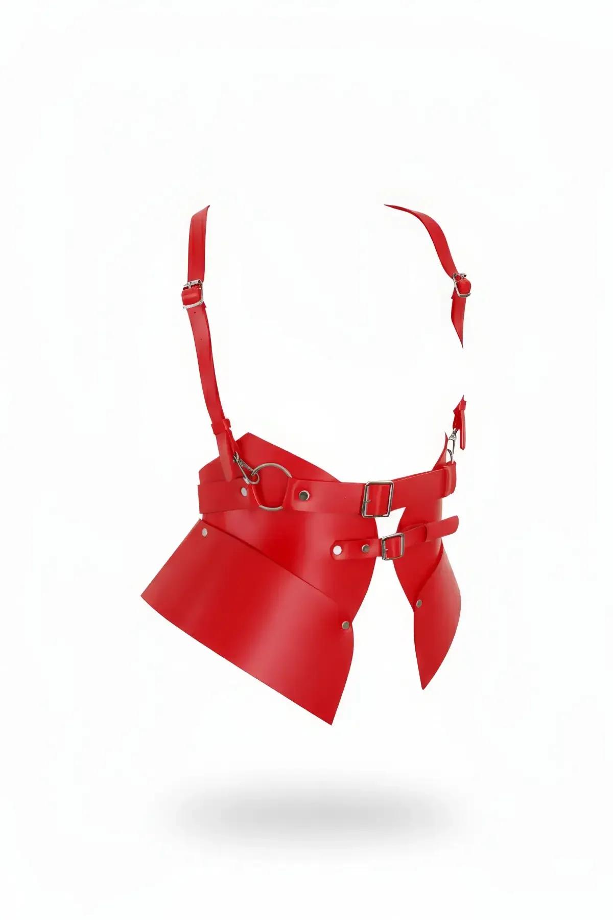 Red Faux Leather Waspie Waist Harness with O-Ring & Skirt Panels