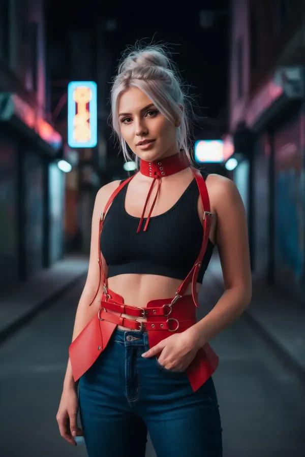 Red Faux Leather Waist Harness with Choker and Shoulder Straps
