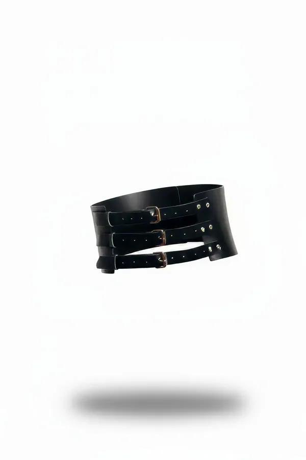 Faux Leather Waspie Belt with Triple Buckle Closure