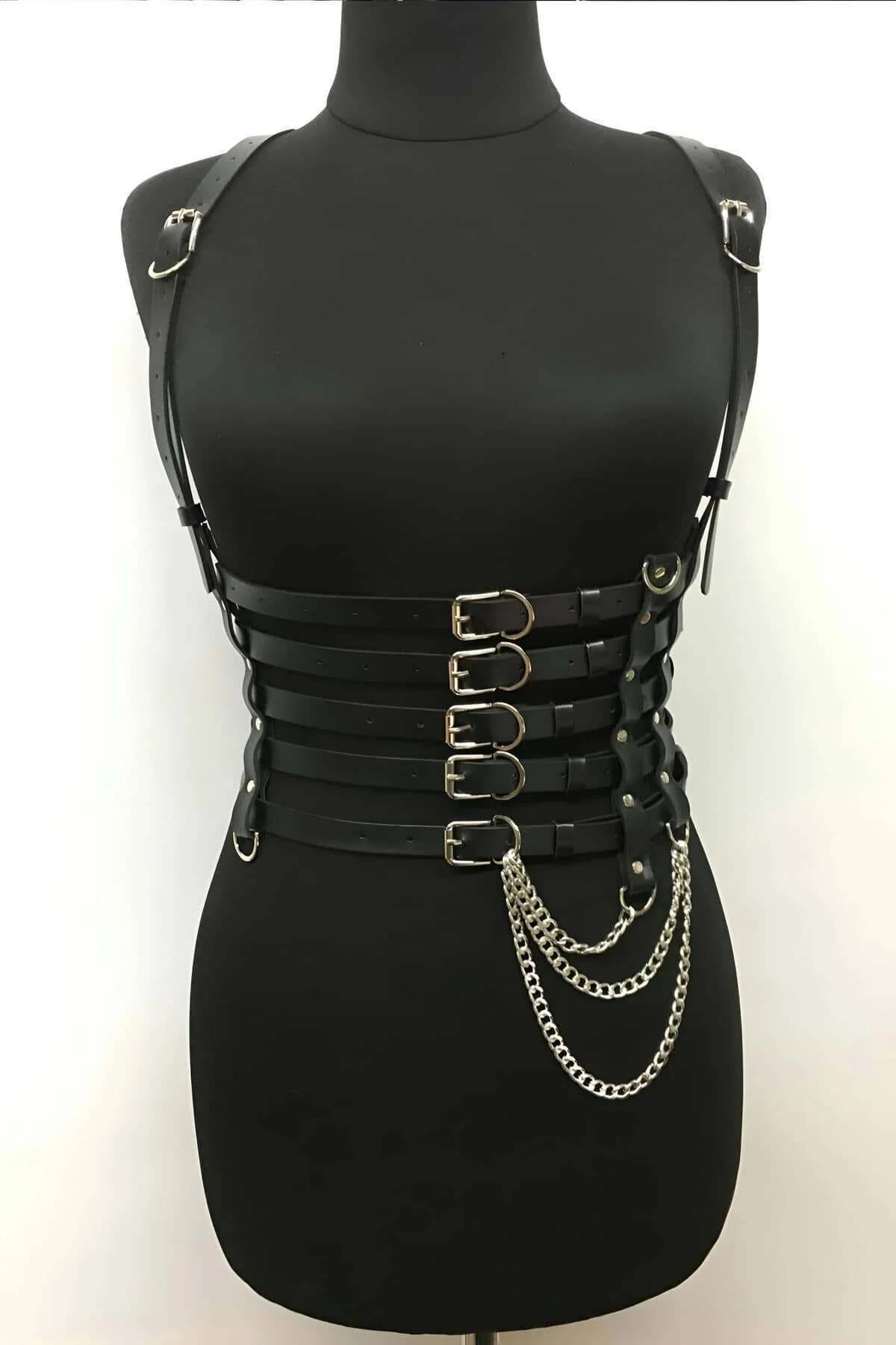Five-Strap Corset Harness with Buckles and Detachable Chain