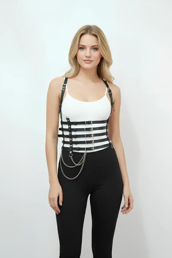 Faux Leather Corset-Style Harness with Side Chain Detail