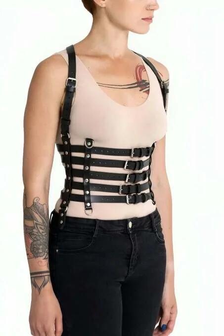 Adjustable Faux Leather Cage Harness with Five Belts
