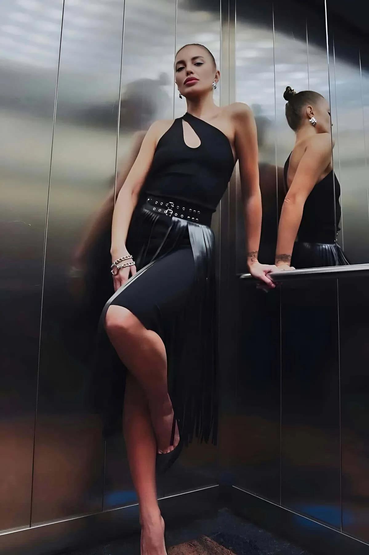 Black Fringe Waist Belt Skirt with Studs
