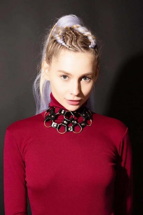 Hexagonal Chain Choker with Faux Leather Straps