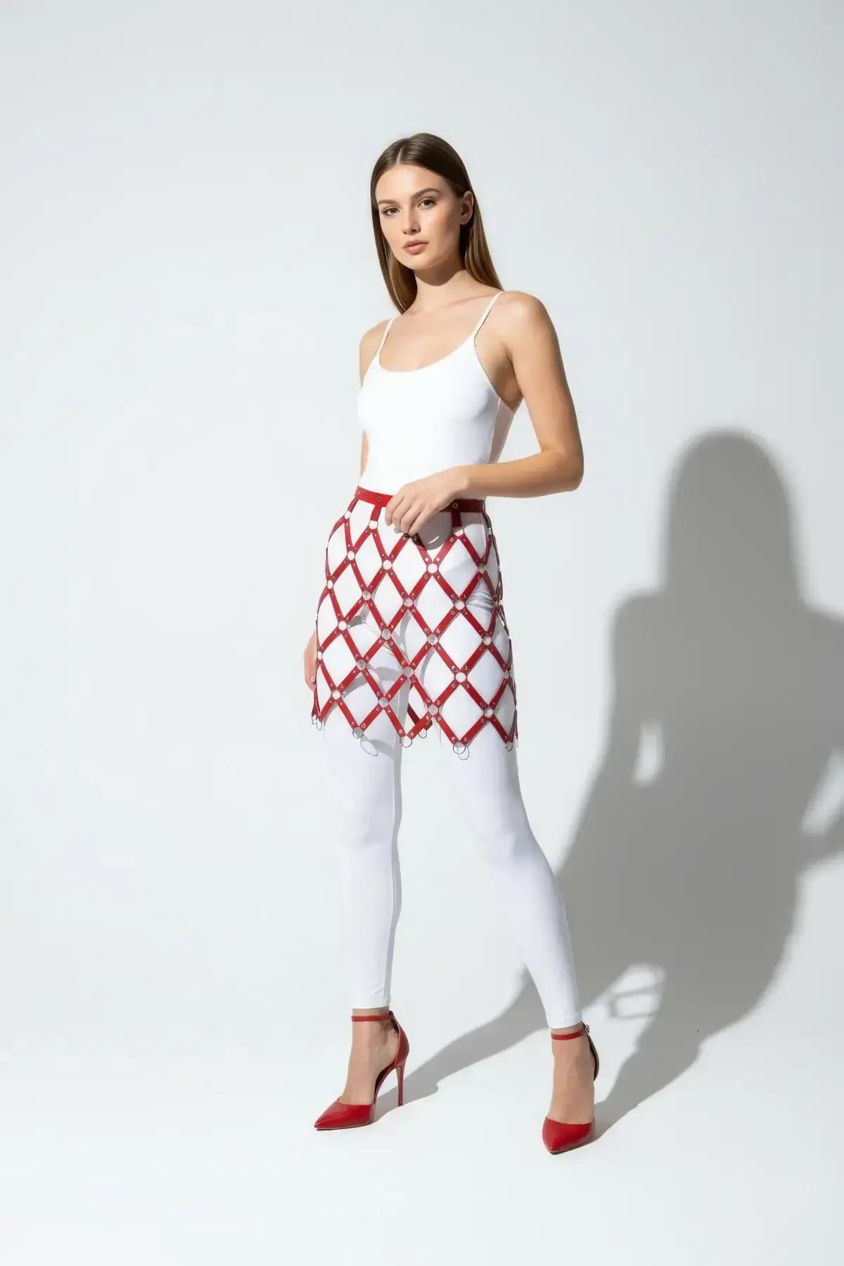 Red & White Argyle Faux Leather Waist Harness Skirt