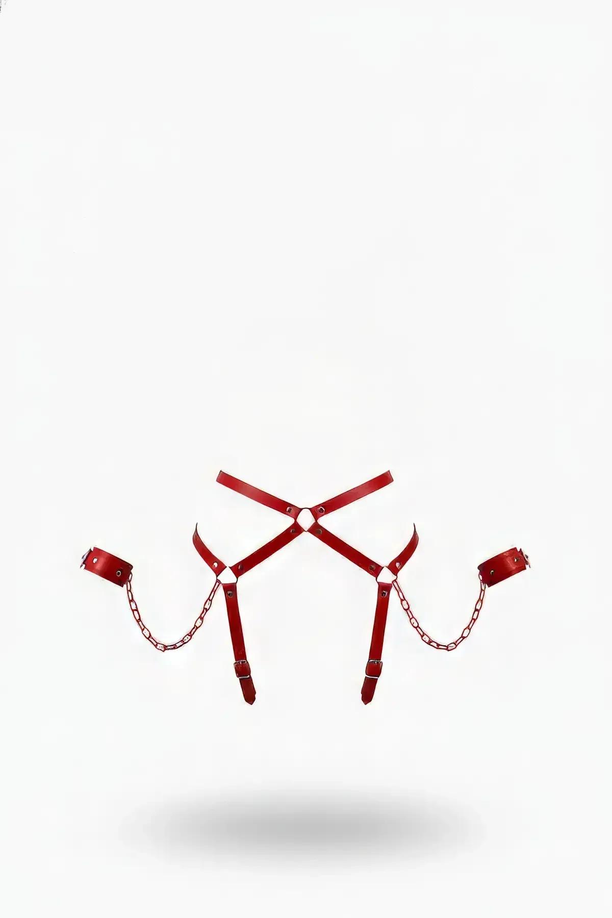 Red Faux Leather Waist Harness with Wrist Cuffs & Chains