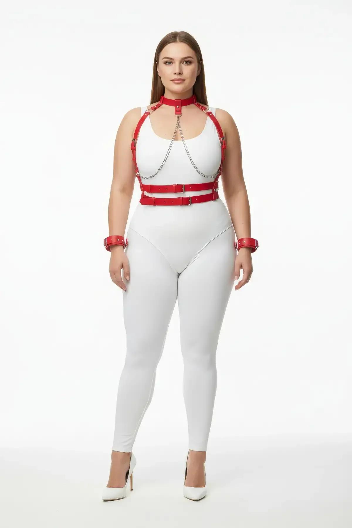 Red Faux Leather Chest Harness & Collar Set with Chain