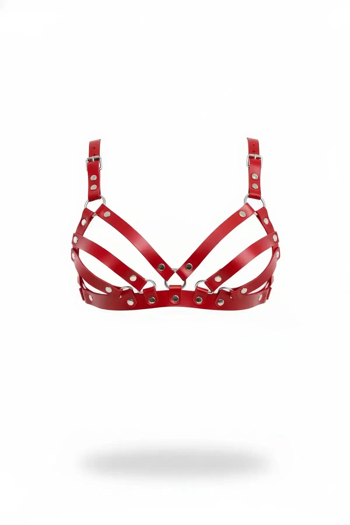 Red Faux Leather Caged Bra Harness with Studs