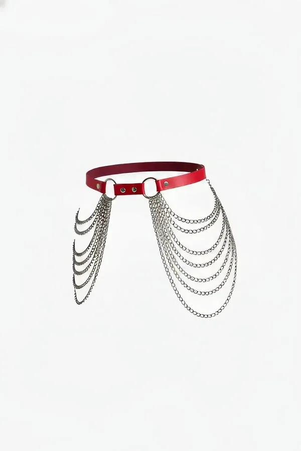 Red Waist Harness with Multi-Layered Silver Chains