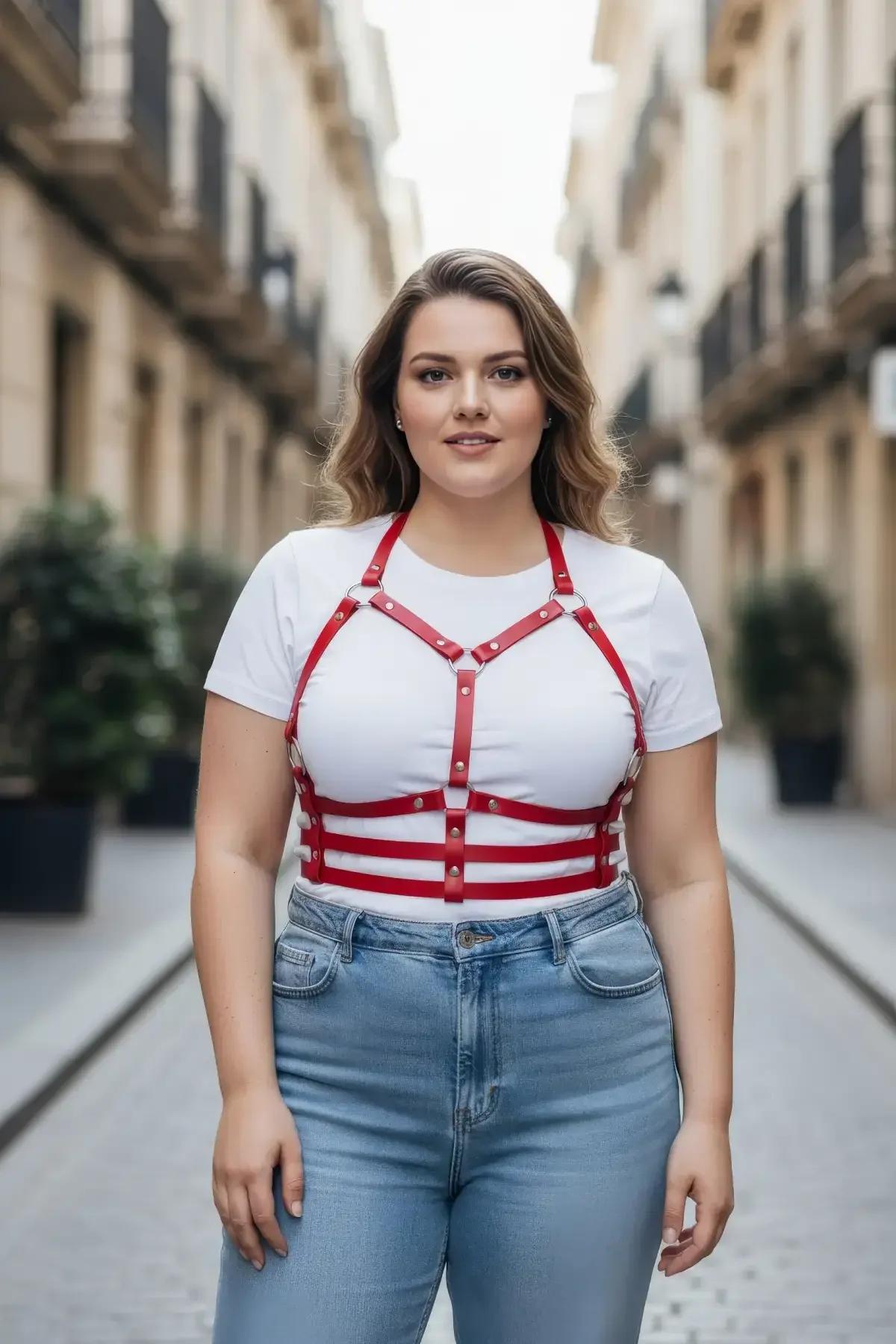Red Strappy Chest & Waist Faux Leather Harness