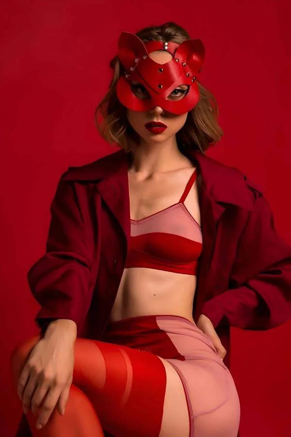 Cat Ear Mask with Studded Red Faux Leather