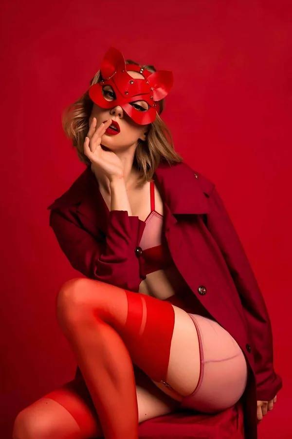 Cat Ear Mask with Studded Red Faux Leather